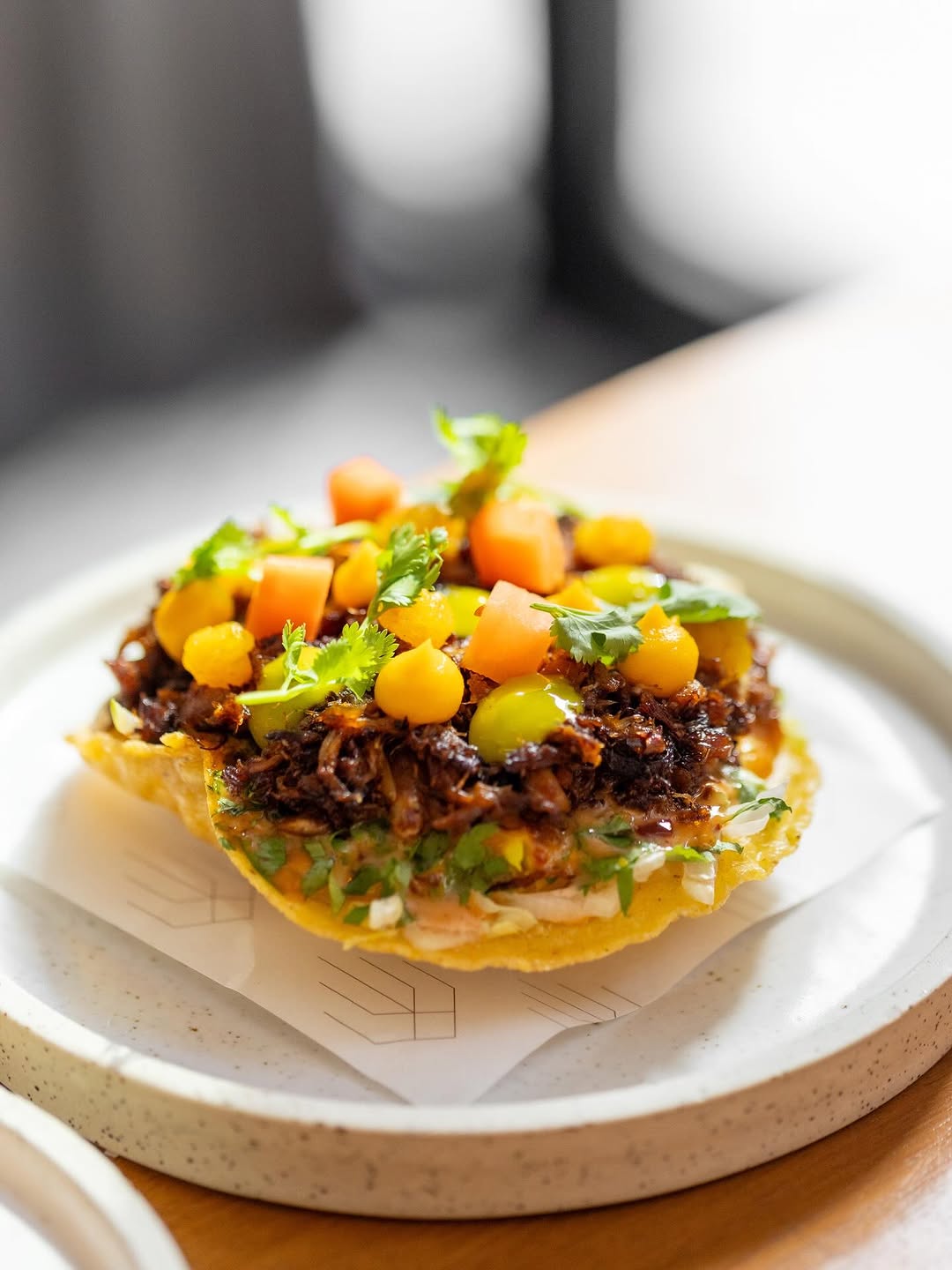 Crab Tinga Tostada — Chipotle, Carrot Escabeche, Mandarin Marmalade